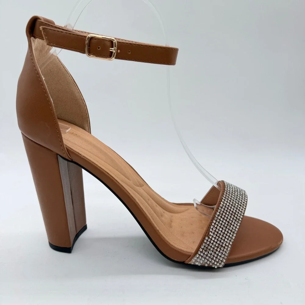 Womens Cognac Brown Rhinestone Ankle Strap Block Heel Sandals Size 9 Dressy